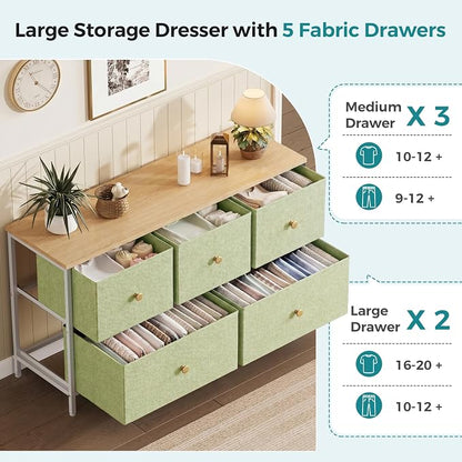 OLIXIS 5 Drawer Dresser for Bedroom, Storage Organizer Unit for Closet | Chest of Drawers for Clothes Storage with Bins, Wide Fabric Bedroom Dresser, Wooden Top, Living Room, Light Green