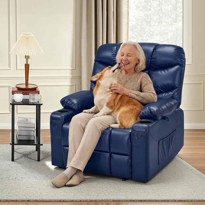 MCombo Oversized Power Lift Recliner Chair with Extended Footrest, Extra Wide for Big and Tall Elderly People, Faux Leather R7289 (Navy Blue, Medium-Wide)