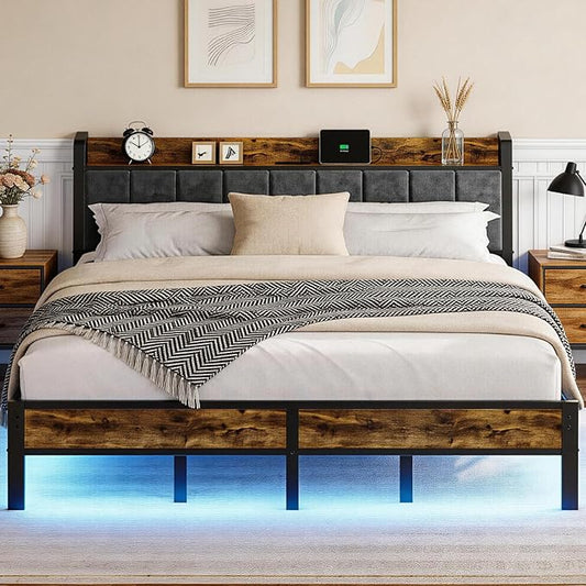 Liians King Size Bed Frame with Charging Station, Storage Headboard Smart LED Lights, Metal Platform Bed Frame with USB Ports, Noise Free, No Box Spring Needed, Easy Assembly