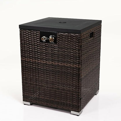 GDFStudio 22" Outdoor Propane Gas Fire Pit Table, 40,000 BTU Square Patio Heater with Wicker Base, Glass Wind Guard & Rain Cover, Small Outdoor Firepit for Garden Deck Backyard, Dark Brown