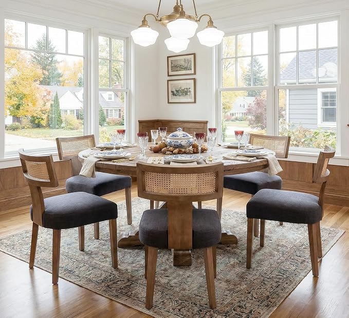 RIVOVA Rattan Dining Chairs Set of 6, Modern Fabric Upholstered Kitchen Chairs, Wooden Dining Room Chair Farmhouse Dinner Chair, Charcoal