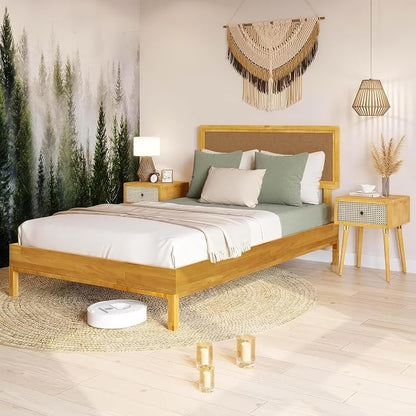 Bme Nipe 14 Inch Bohemian Bed Frame with Adjustable Woven Headboard - Rustic & Vintage Unique Style with Acacia Wood - No Box Spring Needed - Easy Assembly - Full, Natural