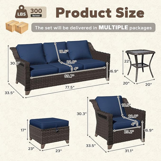 6 Pieces Patio Conversation Furniture Set - 1 Sofa, 2 Armchairs, 2 Ottomans, 1 Side Table, Outdoor Wicker Furniture with Removable Cushions for Porch, Balcony, Sunroom (Blue)