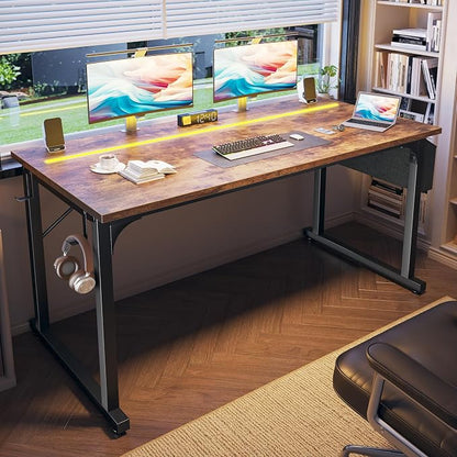 DurayLoly 55" Office Desks with LED Lights,Gaming Writing Work from Home Study Desk with Storage Bag,Home Office Desk with Headphone Hook Sturdy Metal Frame, Rustic Brown