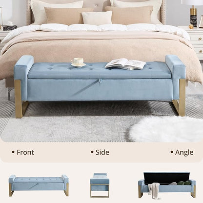 67'' End of Bed Storage Bench, Storage Ottoman Bench for Bedroom King Size, Modern Velvet Bed Benches for Foot of Beds with Gold Legs for Window Living Room Entryway, Light Blue