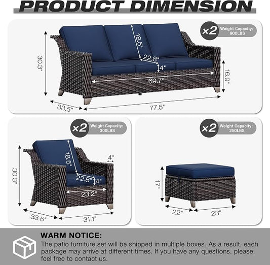 Joyside Wicker Patio Furniture Sets, 6 Pieces Upgraded Large Size Outdoor Furniture with Swivel Rocking Patio Chairs, Two 3-Seat Sofa, Outdoor Ottoman, Thick Cushions, Wide Armrest, Blue