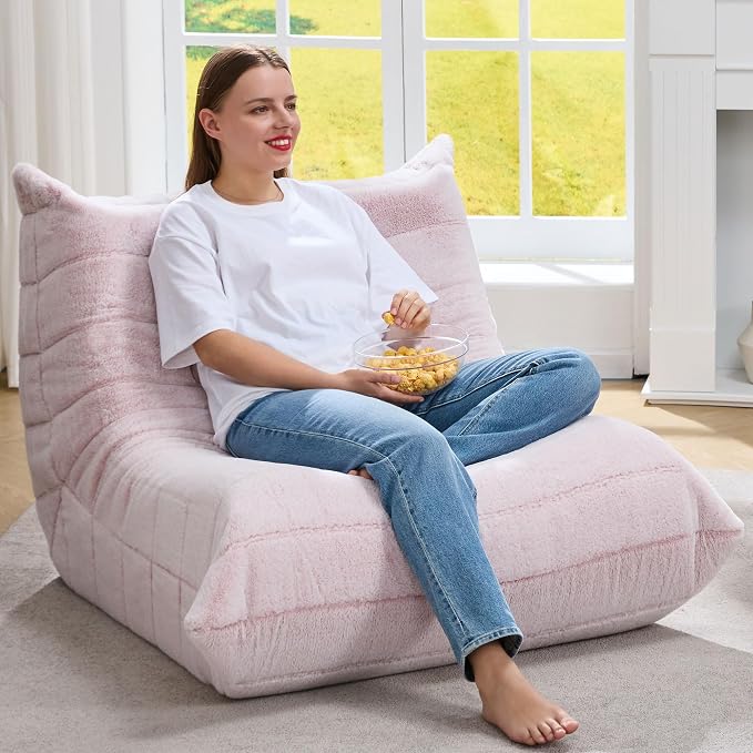 Hobestluk Adults Bean Bag Chair Faux Fur BeanBag Couch for Living Room | Pink Plush,Ergonomic Design,Memory Foam,UltraSoft,Anti-slip Bottom,No Assembly Required,Decorative Style for Living Room