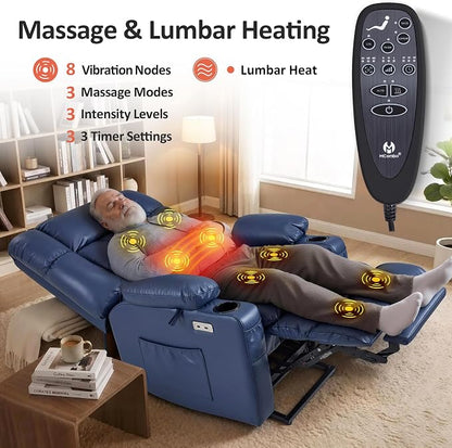 MCombo Dual Motor Power Lift Recliner Chair for Elderly, Lay Flat Lift Chair with Heat and Massage, Oversized Lift Recliner for Big and Tall, Faux Leather R7891 (Blue, Large-Wide)