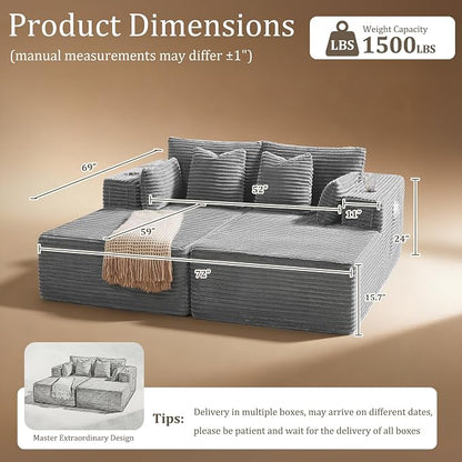 72" Cloud Sectional Couch, Comfort U Shaped Sofa for Living Room, Extra Deep Seats No Assembly, Minimalist Modular Couch, Corduroy (Light Grey, Loveseat Chaise)