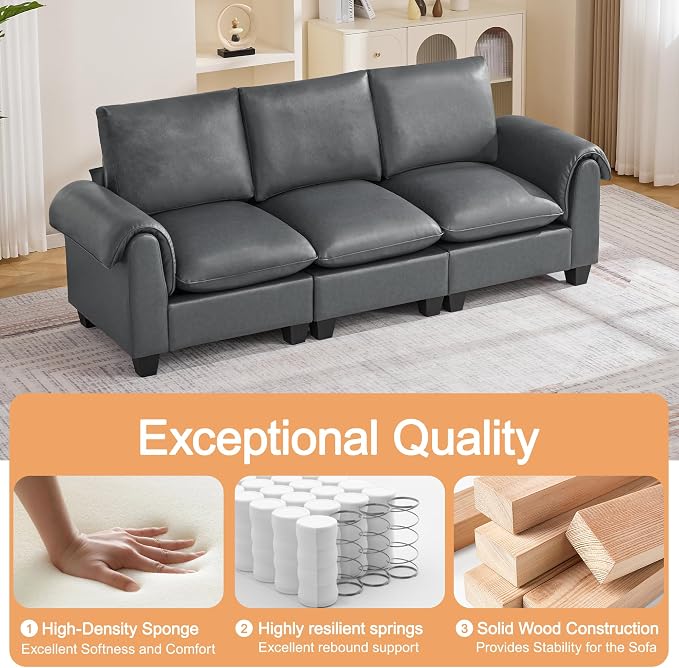 96" Faux Leather Modular Sectional Upholstered Sofa, Oversized 3 Seater Couch with Curved Armrests, Cloud Modern Upholstered Deep Seat Sofa for Living Room, Grey