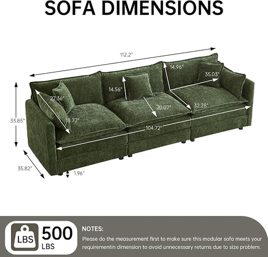 Modular Sectional Sofa, 112.2 Inch Rectangle Shaped Couch Set with Armrests, 3-Seater Comfy Cloud Couches for Living Room Apartment, Green