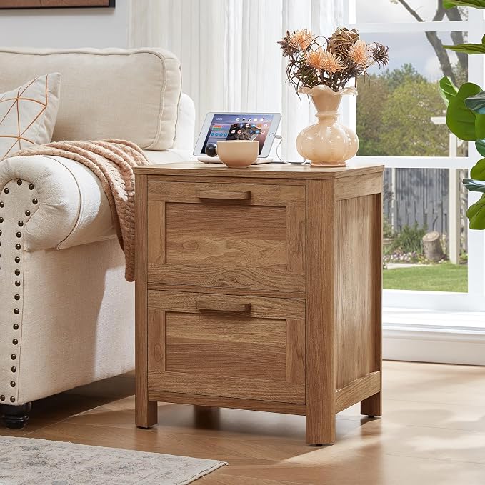 Joaxswe Farmhouse Nightstand Set of 2 with Charging Station, End Tables Bedroom with 2 Large Drawers & 4 Thickened Table Legs, Brown