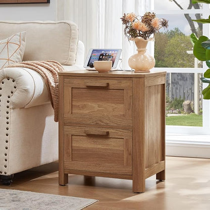Joaxswe Farmhouse Nightstand Set of 2 with Charging Station, End Tables Bedroom with 2 Large Drawers & 4 Thickened Table Legs, Brown