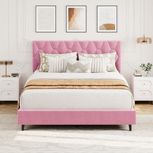 GarveeHome Pink Full Bed Frame with Upholstered Headboard, Heavy-Duty Platform Bed Frame with Strong Wood Slats, No Box Spring Needed/Noise Free/Easy Assembly
