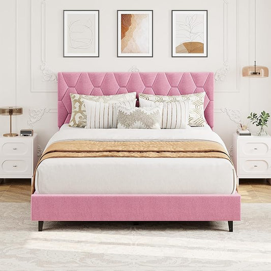 GAOMON Pink Full Bed Frame with Upholstered Headboard, Heavy-Duty Platform Bed Frame with Strong Wood Slats, No Box Spring Needed/Noise Free/Easy Assembly