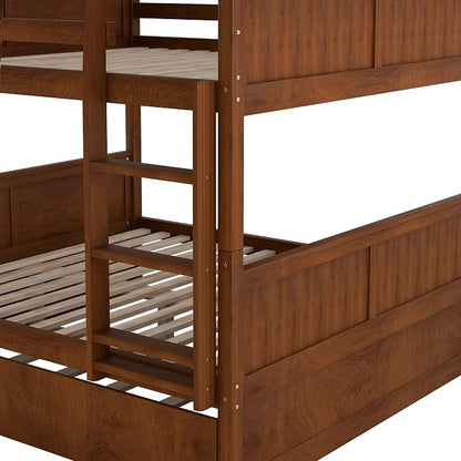 Bellemave Bunk beds Full Over Full with Twin Size Trundle, Low bunk Bed for Kids Adults and Teenagers，Walnut