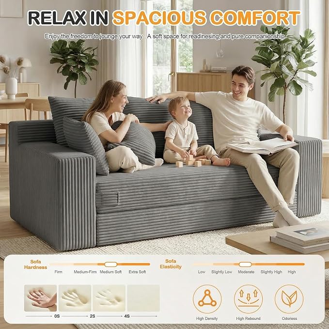 Oversize Loveseat Boneless Convertible Sofa Bed, Folding Floor Futon Sleeper Sofa Queen Size Couch Bed- Boneless Foldable Couch, Corduroy Pull Out Sofa Bed with 5 Pillows for Living Room & Bedroom