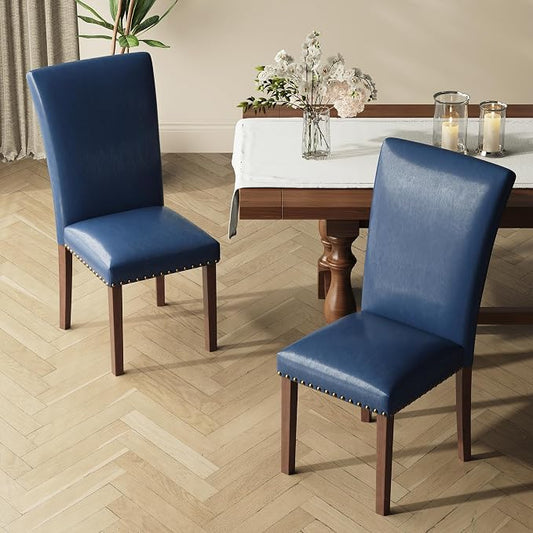 MALOL Dining Chairs Set of 2, High Back Dining Chair with Wood Legs and Nailhead Trim, Modern Padded Kitchen Room Chairs for Dining Room/Restaurant, Blue