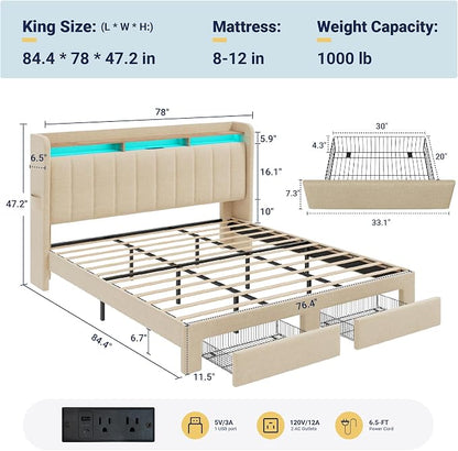 Allewie King Size Bed Frame with 2-Tier LED Storage Headboard, Upholstered King Platform Bed Frame with 2 Storage Drawers, USB & Type-C Charging Ports, Noise-Free/No Box Spring Needed, Beige