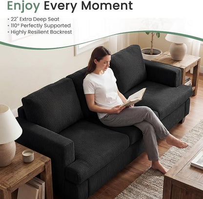 3 Seater Corduroy Couch for Living Room, 89” Black Cloud Sofa, Deep Seat Floor Couch for Bedroom, Futon Modern Sofa Sectional Bed, Black Corduroy