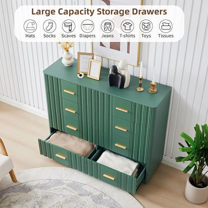Fluted Dresser for Bedroom with 8 Drawers, 47" Wide Mid Century Modern Chest of Drawers, Wooden Dresser TV Stand, Wood Closet Clothes Storage Organizer for Living Room Hallway, Green