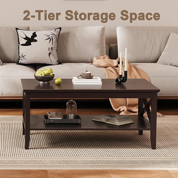 ChooChoo Coffee Table with Thicker Legs, Brown Wood Coffee Table with Storage for Living Room, 47 inch