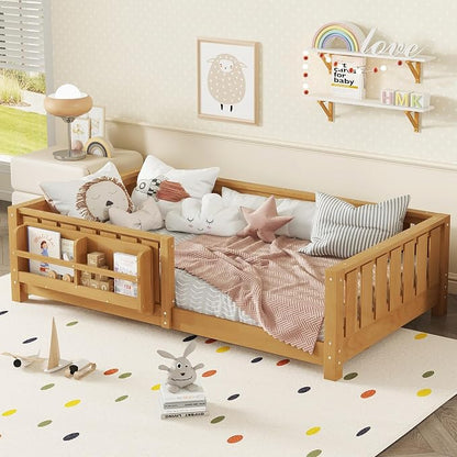 Bellemave Twin Floor Bed with Rails and Slats, Twin Size Montessori Floor Bed with Bookshelf and Fence, Easy Assemble Montessori Beds Frame for Girls, Boys, Deep Natural