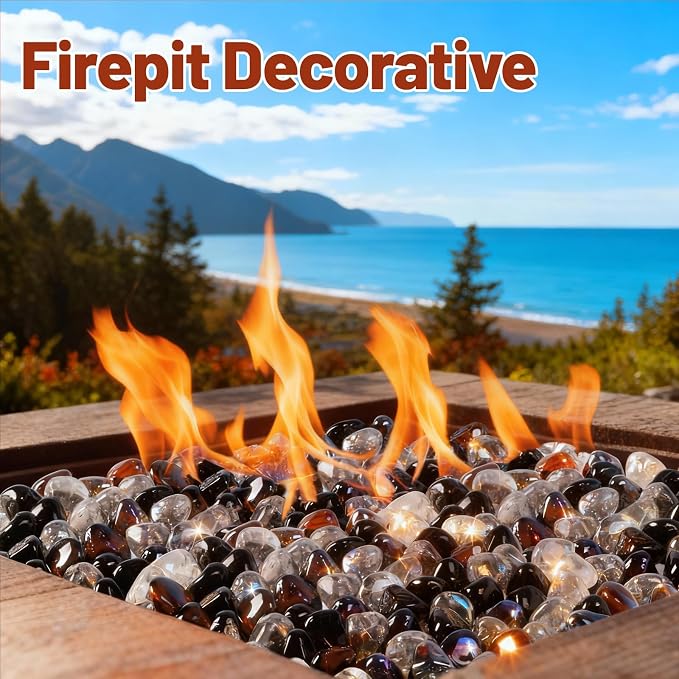 Blended Fire Glass Diamonds for Propane Firepit, Fireplace and Outdoor Decorative, 1 Inch Firepit Glass 10LB (Crystal Ice +Onyx Black + Amber)