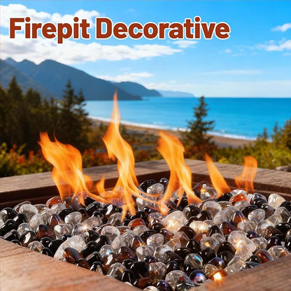 Blended Fire Glass Diamonds for Propane Firepit, Fireplace and Outdoor Decorative, 1 Inch Firepit Glass 10LB (Crystal Ice +Onyx Black + Amber)