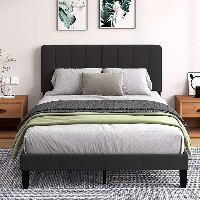 Queen Size Bed Frame with Headboard, Platform Bed with Soft Velvet Upholstered Headboard | Wooden Slats Support | Adjustable Height | No Box Spring Needed, Queen Bed Frame Black