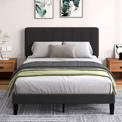 Queen Size Bed Frame with Headboard, Platform Bed with Soft Velvet Upholstered Headboard | Wooden Slats Support | Adjustable Height | No Box Spring Needed, Queen Bed Frame Black