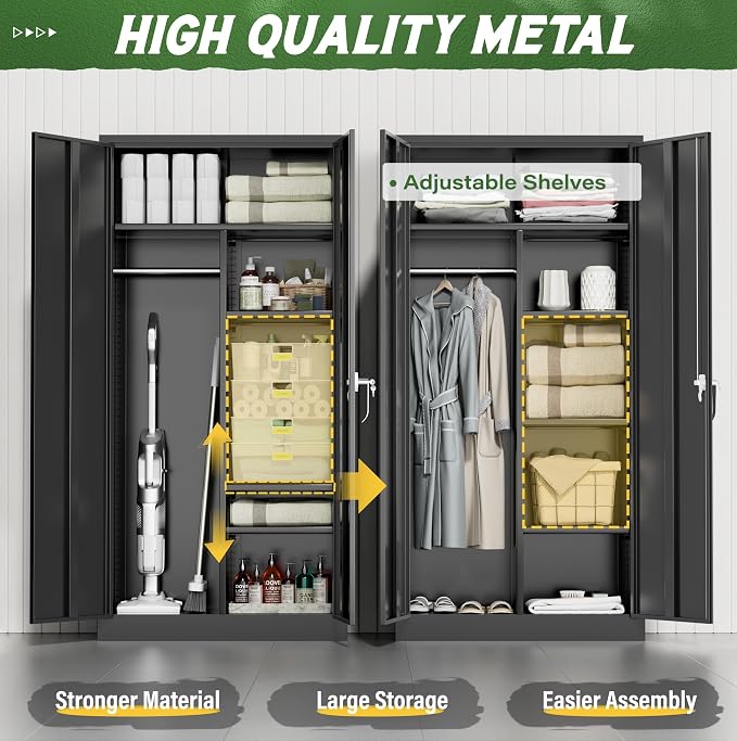 Greenvelly Metal Wardrobe Closet with Doors and Shelves,72" Black Armoire Wardrobe Closet for Hanging Clothes for Office, Home, School, Employee,Gym