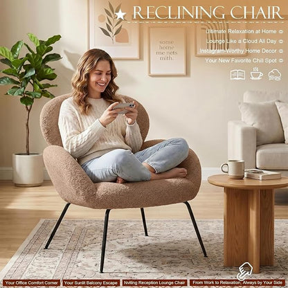 Small Accent Chair Set of 2,Sherpa Chair with Love Back, Boucle Chairs with Metal Legs, Comfy Modern Reading Chairs/Sherpa Accent Chair with Thick High-Elastic Sponge/Cream Style Room (Camel)