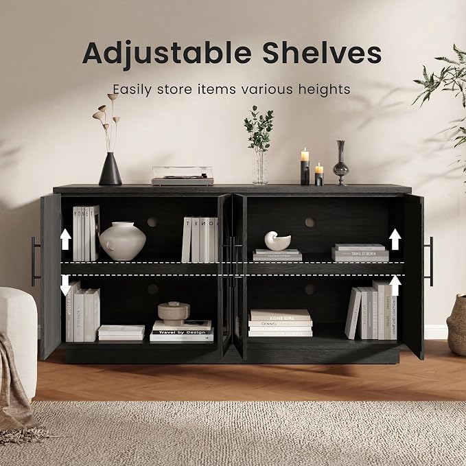 Arden Collection Home Storage & Bar Cabinet Set, 4 Door Cabinet with Matching Wine Cabinets and Storage Drawers, Modern Wood Grain Furniture System for Dining Room and Entertaining Spaces,Black Grey