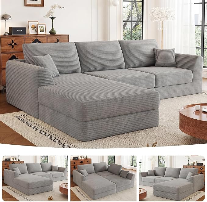 106" Modular Sectional Sofa with Deep Seat, L-Shaped Corduroy Couch with Reversible Chaise, 3-Piece Set for Living Room Bedroom Apartment, No Assembly Required | Modular Design