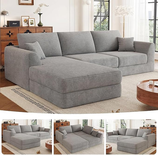 106" Modular Sectional Sofa with Deep Seat, L-Shaped Corduroy Couch with Reversible Chaise, 3-Piece Set for Living Room Bedroom Apartment, No Assembly Required | Modular Design