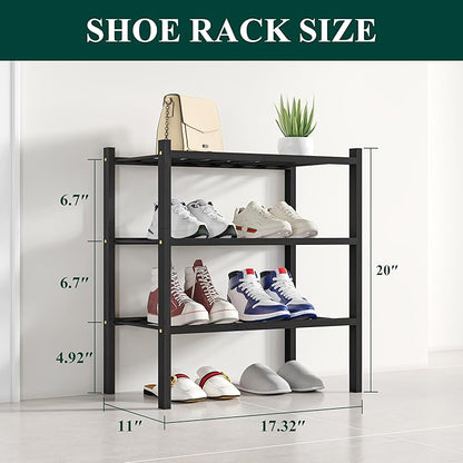Smiry Small Bamboo Shoe Rack, 3 Tier Free Standing Wooden Shoe Organizer, Stackable Wood Shoe Storage Shelf for Closet, Entryway, 12 Vertical Slats, 2+1 Stack Standard Legs, 17.3"x11"x19.5", Black
