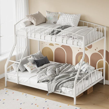 GarveeHome Metal Bunk Bed Twin Over Full, Heavy Duty Bunkbeds Frame with Arched Guardrail and Safety Ladder, Sturdy Steel Bed for Kids Boys Girls, Space-Saving, No Box Spring Needed, White