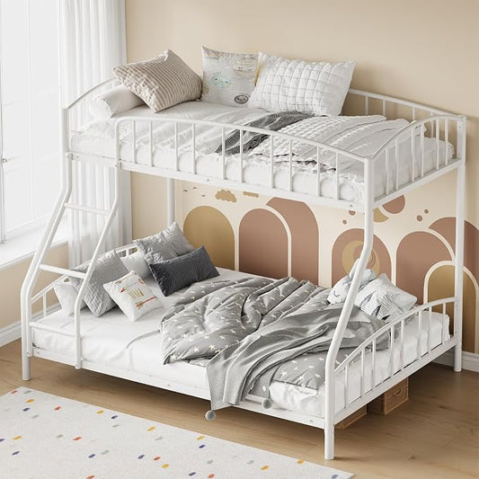 GarveeHome Metal Bunk Bed Twin Over Full, Heavy Duty Bunkbeds Frame with Arched Guardrail and Safety Ladder, Sturdy Steel Bed for Kids Boys Girls, Space-Saving, No Box Spring Needed, White