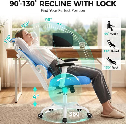 Ergonomic Office Chair High Back Desk Chair with Lumbar Support, Breathable Mesh Computer Chair with Adjustable Armrests Height, Reclining Swivel Big and Tall Gaming Chair for Home Office(Sky Blue)