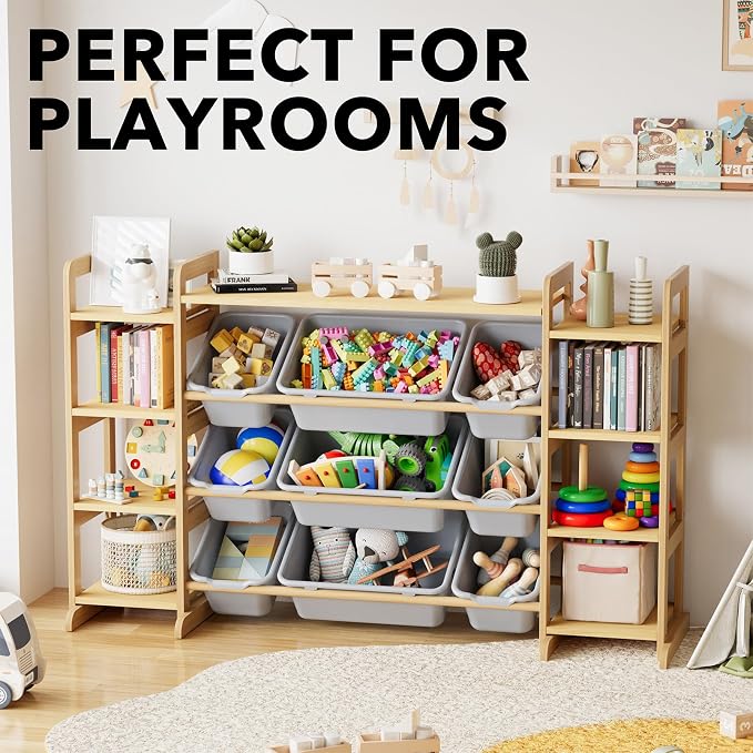 SpaceAid Large Toy Storage Organizer 9 Shelves 9 Bins, Toy Organizers Storage Bookshelf, Kids Bin Shelf Toys Box Bookcase for Bedroom Playroom Organization Room Decor, Neutral Gray