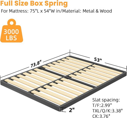 VIPSHOW 2 Inch Wood Slat Full Box Spring with Round Corners - 3000 lbs Capacity, Low Profile Bed Slat Replacement Bunkie Board with Metal Frame, Noise-Free, Easy Assemble, Black