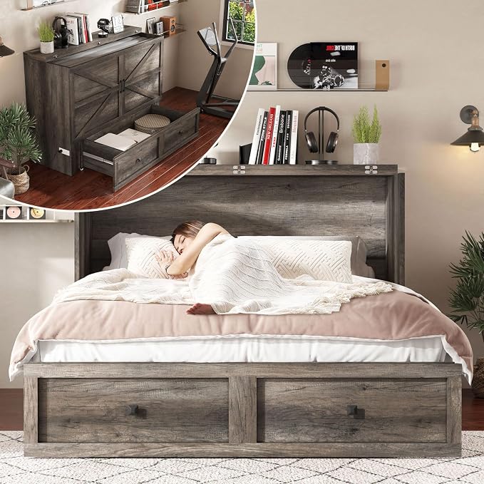 AMERLIFE Queen Murphy Bed with Storage & Charging Station, Farmhouse Murphy Cabinet with Foldable Panel, Noisy Free, for Living Room, Guest Bedroom, Office, Rustic Grey