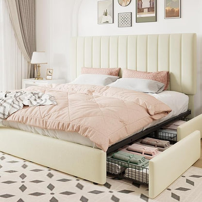 Allewie King Size Storage Bed Frame, Vertical Channel Tufted Adjustable Headboard, Velvet Upholstered Platform Bed with 4 Oversized Underbed Drawers, Wooden Slats Support, No Box Spring Needed, Cream