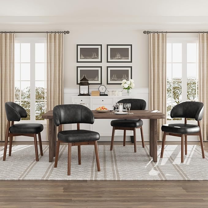 MALOL Wooden Dining Chairs Set of 4, Modern Upholstered Dining Room Chair, PU Leather Kitchen Side Chairs with Curved Open Back for Living Room/Restaurant/Cafe, Black