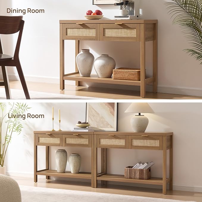 SICOTAS Console Table with Rattan Drawers - Boho Rattan Entryway Table with Storage, Small Console Tables for Entryway, Entry Tables for Hallway