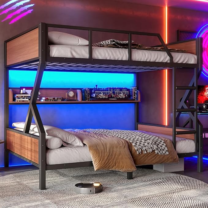 KEIKI Full Over Full Bunk Bed, Heavy Duty Metal Bunkbed with Storage Shelves, Lights, Bottom Space & Guardrail for Aldults Dorm Bedroom Guest Room, No Box Spring Needed, Noise-Free Design