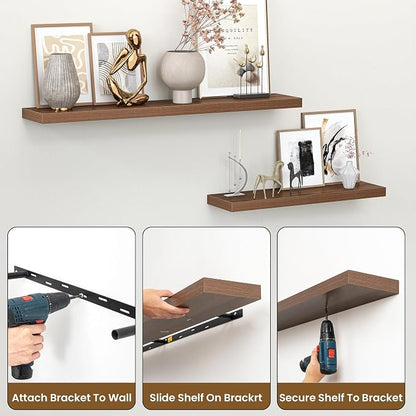 Heimlove Floating Shelves for Wall,16 inchs Shelf for Small Bathroom,Mounted Storage & Display Wood Shelves for Bedroom,Living Room,Kitchen,Office,Set of 2,Walnut Color