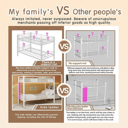 Bunk Bed Twin Over Twin, Metal Bunk Bed with Side Ladder and Safety Guardrail, Space-Saving Twin Bunk Beds for Kids, Teens & Adults, No Box Spring (Side Laddder, White)