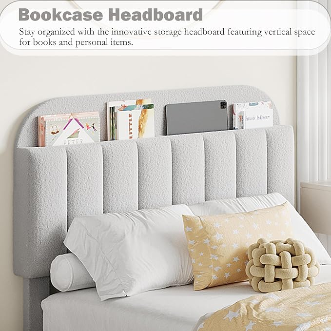 Garvee Full Size Bed Frame with 2 Flexible Drawers, Boucle Upholstered Platform Bed Frame with Bookcase Headboard, Bedframe for Kids/Boys, Easy Assembly, No Box Spring Needed, Noise Free, Grey
